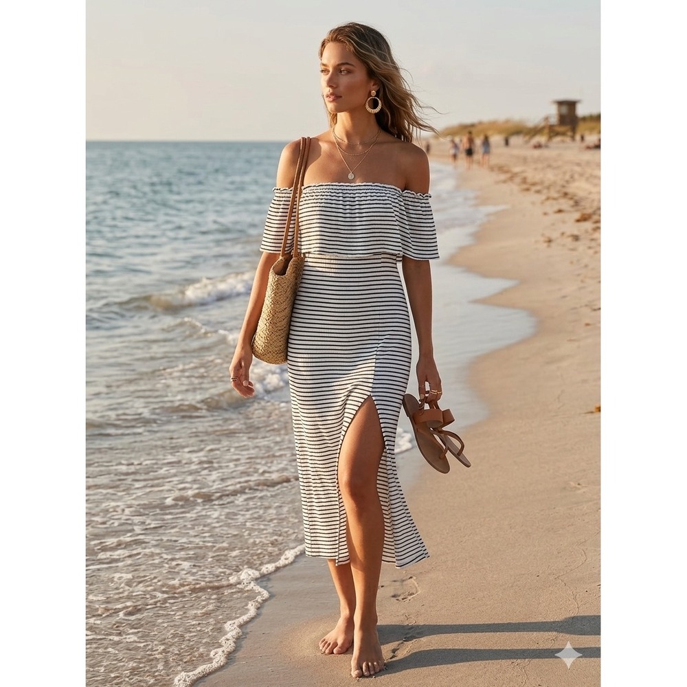ONeill Striped Off The Shoulder Midi Dress Black White Ruffle Slit Small